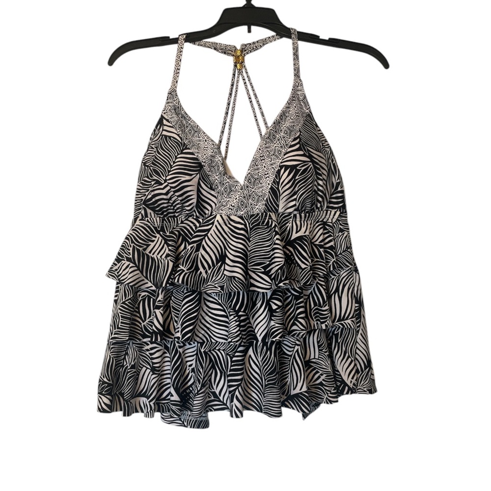 Catalina. Black and White Leaf Print Ruffle Top